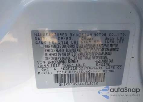 2020 Nissan Kicks Sr Xtronic Cvt z USA, uszkodzony, nr VIN 3N1CP5DV8LL515012